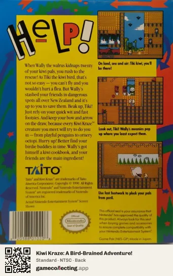 Kiwi Kraze: A Bird-Brained Adventure! Nintendo Entertainment System, NTSC box back