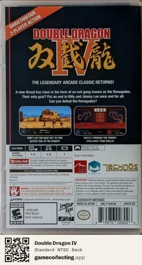 Double Dragon IV Nintendo Switch, NTSC box back