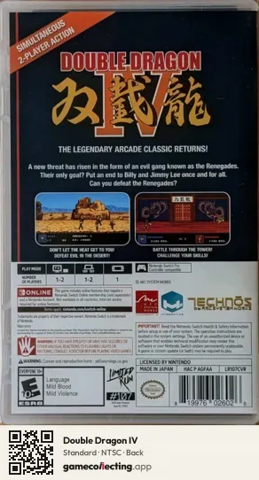 Double Dragon IV Nintendo Switch, NTSC box back