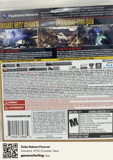 Duke Nukem Forever PlayStation 3, Canada box back