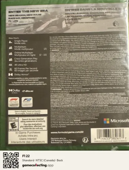 F1 22 Xbox One, Canada box back