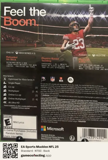 EA Sports Madden NFL 25 Xbox Series X, NTSC box back