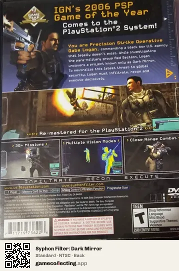 Syphon Filter: Dark Mirror PlayStation 2, NTSC box back