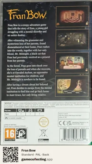 Fran Bow Nintendo Switch, PAL box back