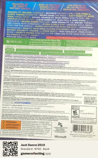 Just Dance 2018 Xbox 360, NTSC box back
