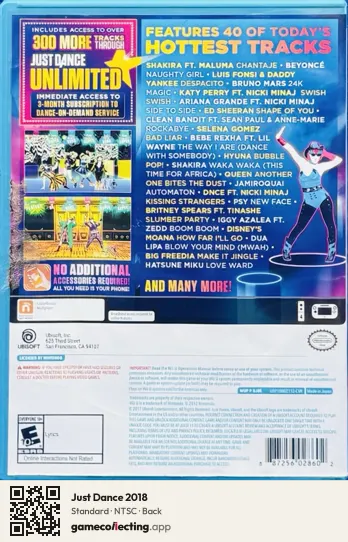 Just Dance 2018 Nintendo Wii U, NTSC box back