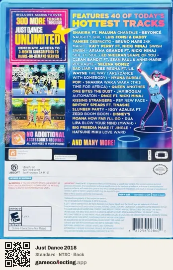 Just Dance 2018 Nintendo Wii U, NTSC box back