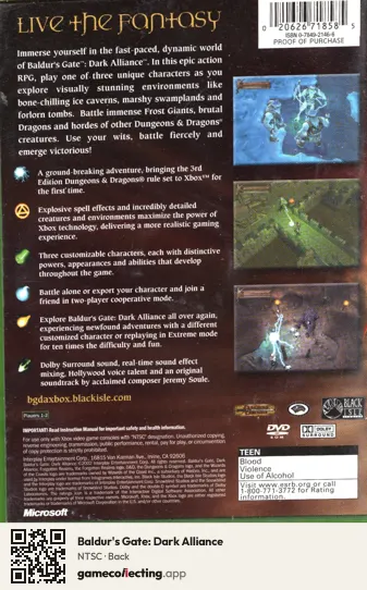 Baldur's Gate: Dark Alliance Xbox, NTSC box back