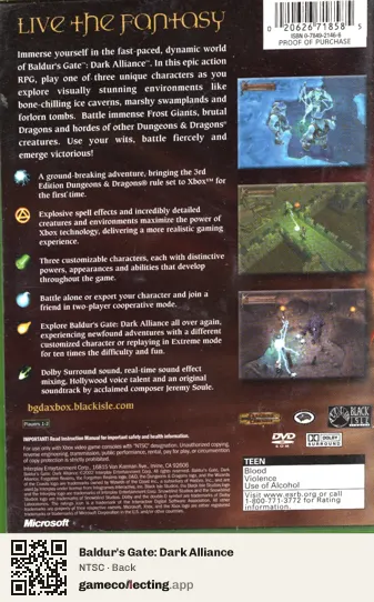 Baldur's Gate: Dark Alliance Xbox, NTSC box back