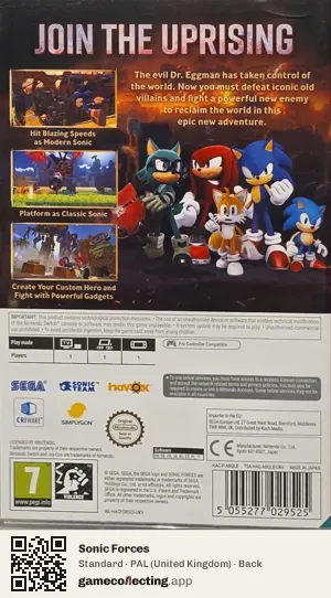 Sonic Forces Nintendo Switch, United Kingdom box back