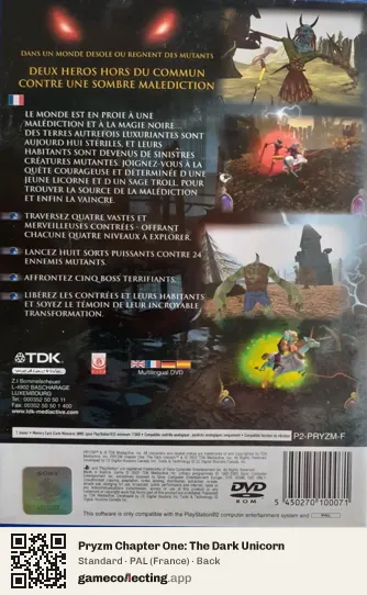 Pryzm Chapter One: The Dark Unicorn PlayStation 2, France box back
