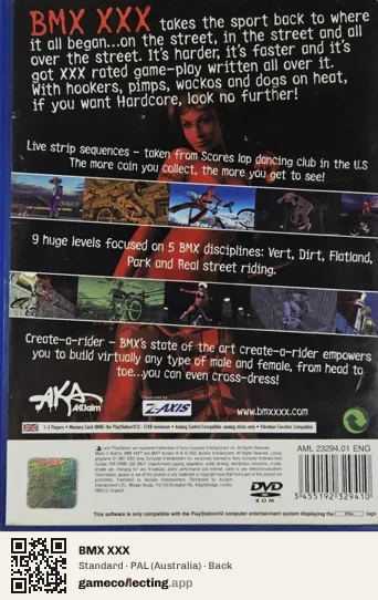 BMX XXX PlayStation 2, Australia box back