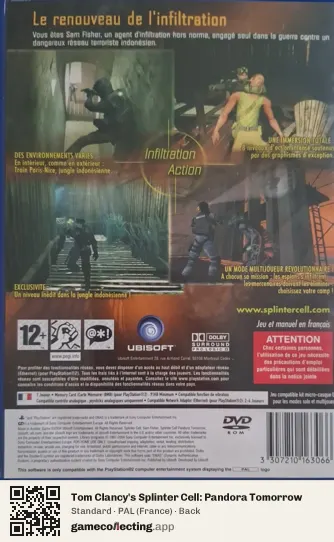 Tom Clancy's Splinter Cell: Pandora Tomorrow PlayStation 2, France box back