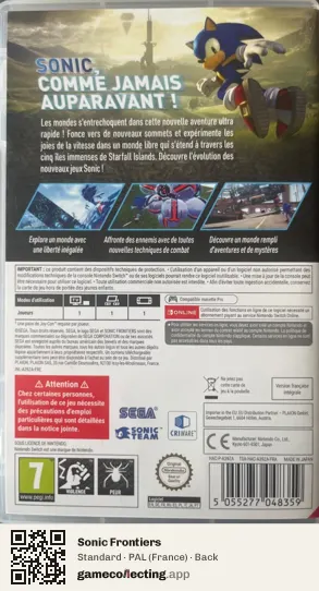 Sonic Frontiers Nintendo Switch, France box back