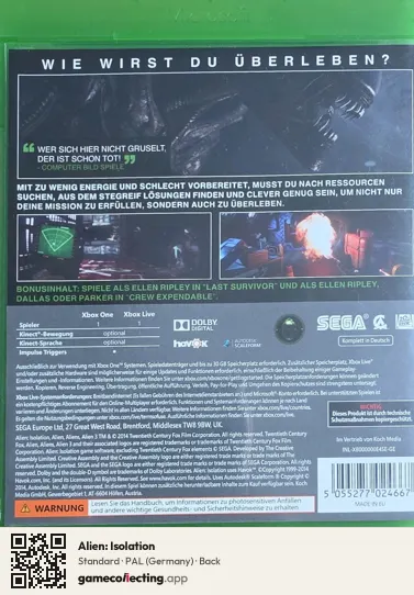 Alien: Isolation Xbox One, Germany box back
