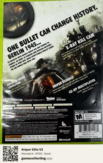 Sniper Elite V2 Xbox 360, NTSC box back