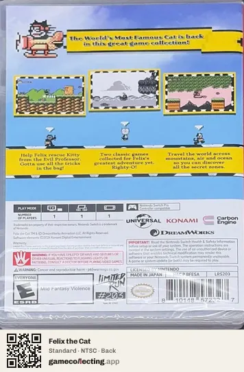 Felix the Cat Nintendo Switch, NTSC box back