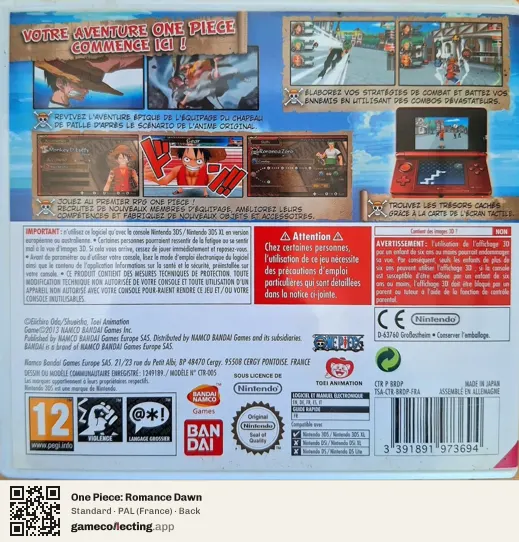 One Piece: Romance Dawn Nintendo 3DS, France box back