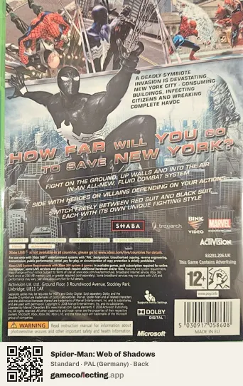 Spider-Man: Web of Shadows Xbox 360, Germany box back