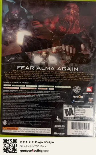 F.E.A.R. 2: Project Origin Xbox 360, NTSC box back