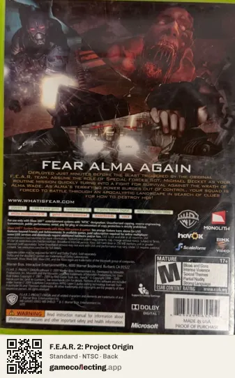 F.E.A.R. 2: Project Origin Xbox 360, NTSC box back