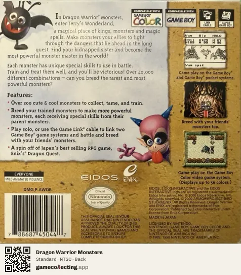 Dragon Warrior Monsters Game Boy Color, NTSC box back