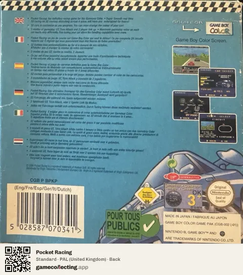 Pocket Racing Game Boy Color, United Kingdom box back