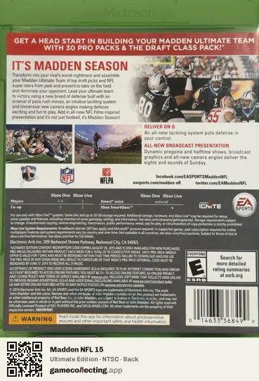 Madden NFL 15 Xbox One, NTSC box back