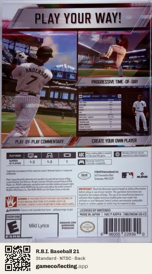 R.B.I. Baseball 21 Nintendo Switch, NTSC box back