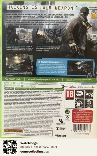 Watch Dogs Xbox 360, France box back