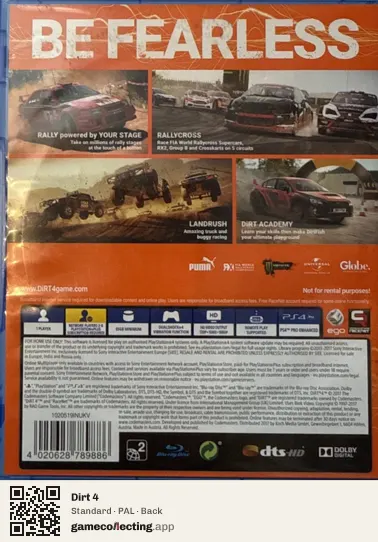 Dirt 4 PlayStation 4, PAL box back