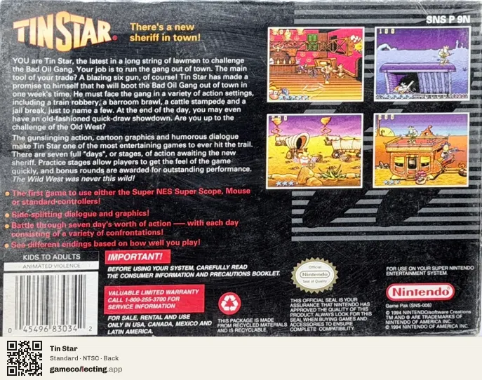 Tin Star Super Nintendo Entertainment System, NTSC box back