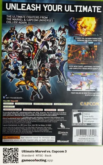 Ultimate Marvel vs. Capcom 3 Xbox 360, NTSC box back