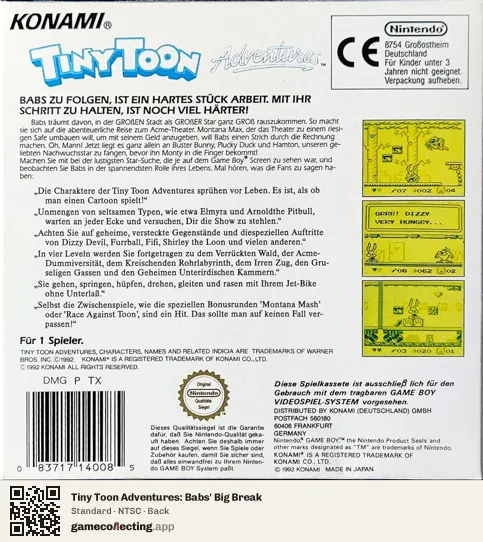 Tiny Toon Adventures: Babs' Big Break Game Boy, NTSC box back