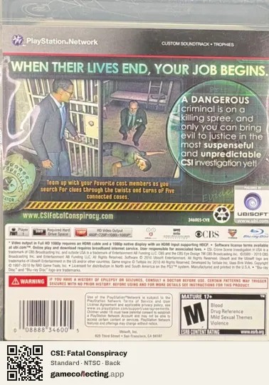 CSI: Fatal Conspiracy PlayStation 3, NTSC box back