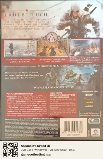 Assassin's Creed III Computer, Germany box back