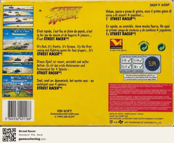 Street Racer Super Nintendo Entertainment System, PAL box back