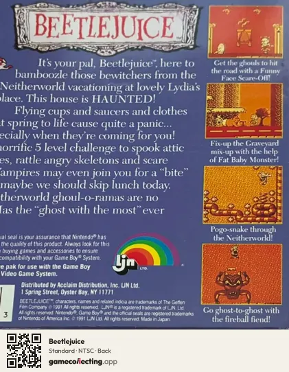 Beetlejuice Game Boy, NTSC box back