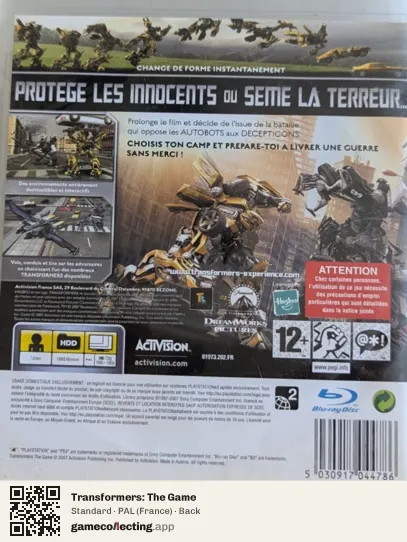 Transformers: The Game PlayStation 3, France box back