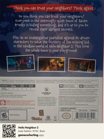 Hello Neighbor 2 Nintendo Switch, NTSC box back