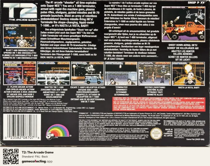 T2: The Arcade Game Super Nintendo Entertainment System, PAL box back