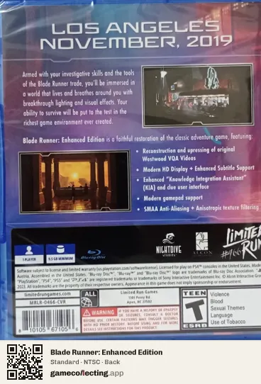 Blade Runner: Enhanced Edition PlayStation 4, NTSC box back