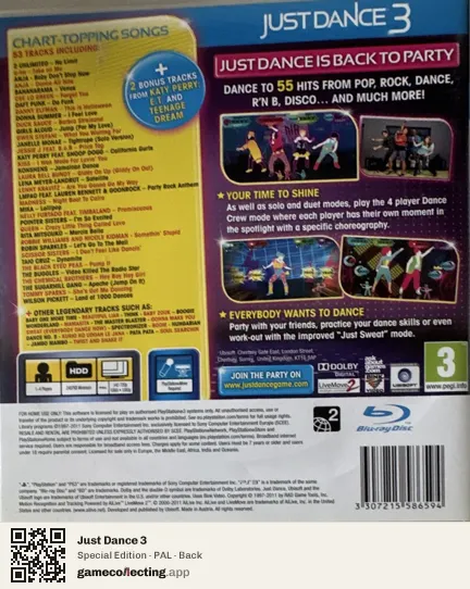 Just Dance 3 PlayStation 3, PAL box back