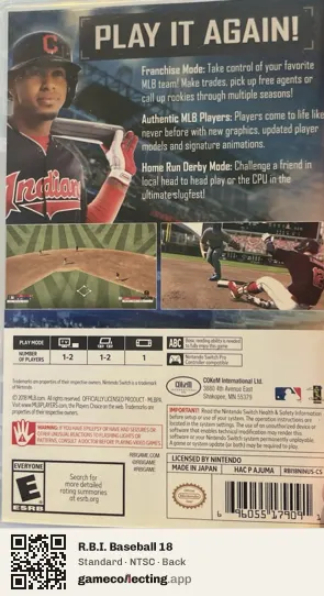 R.B.I. Baseball 18 Nintendo Switch, NTSC box back