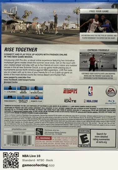 NBA Live 16 PlayStation 4, NTSC box back