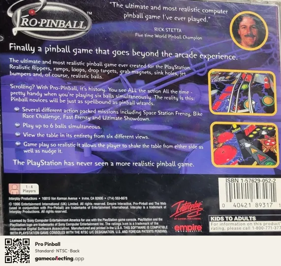 Pro Pinball PlayStation, NTSC box back