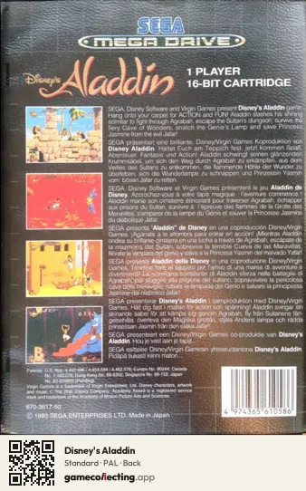 Disney's Aladdin Sega Mega Drive / Genesis, PAL box back