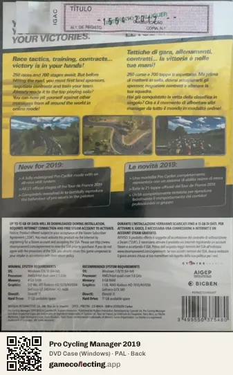 Pro Cycling Manager 2019 Computer, PAL box back
