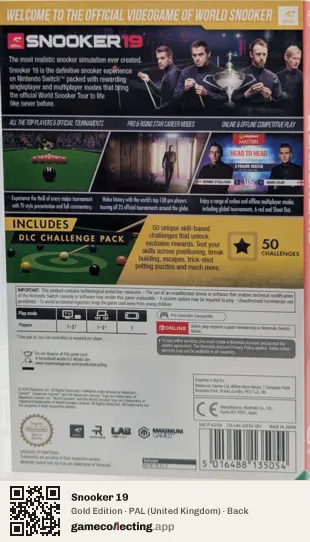Snooker 19 Nintendo Switch, United Kingdom box back