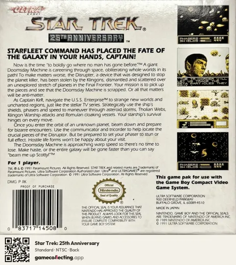 Star Trek: 25th Anniversary Game Boy, NTSC box back